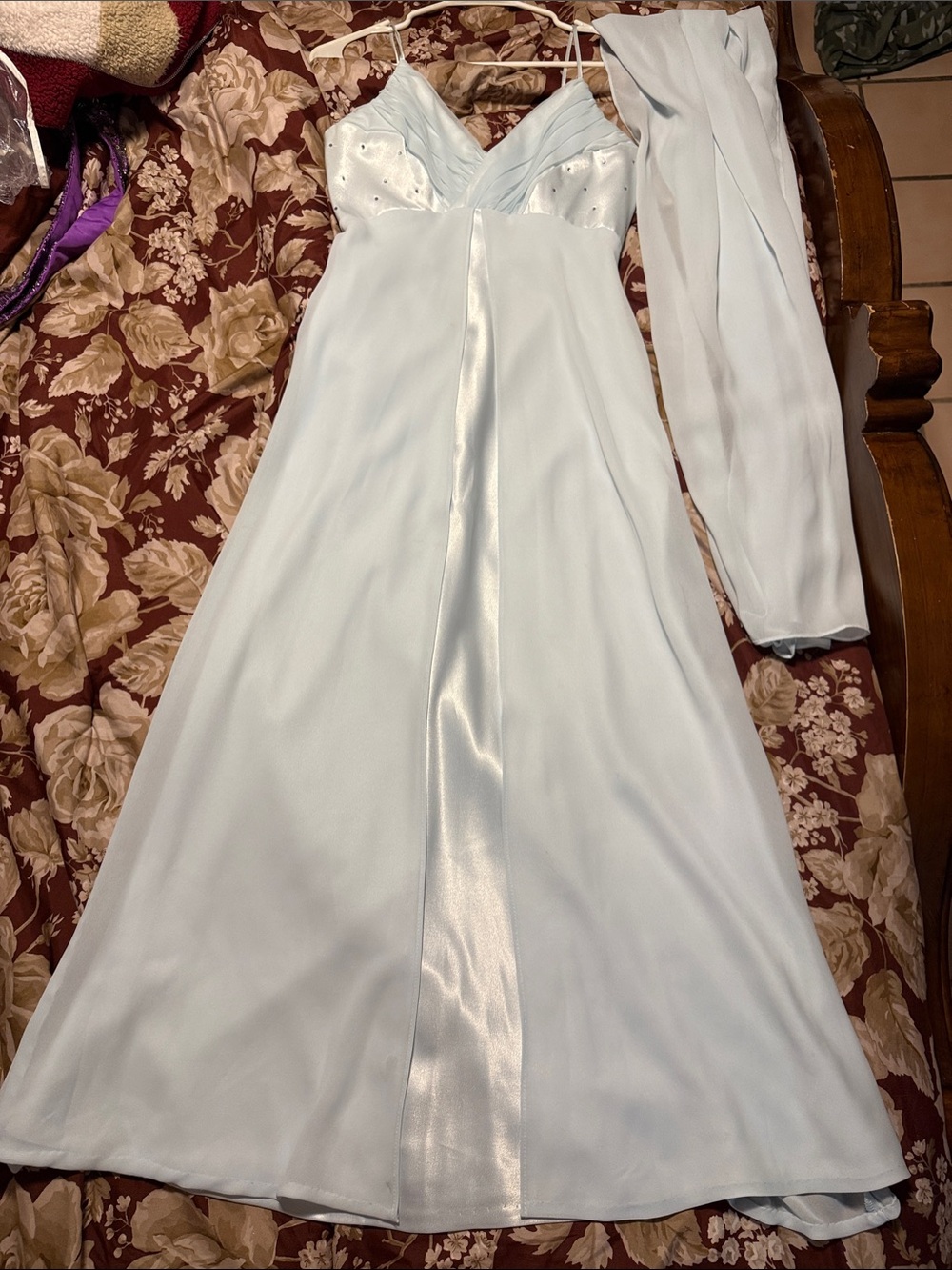 Light Blue Satin-Accent Slip Dress with Matching Shawl